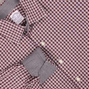 Brooks Brothers Dress Shirt Mens 15.5 33 Burgundy Gingham Made USA Woven Italy